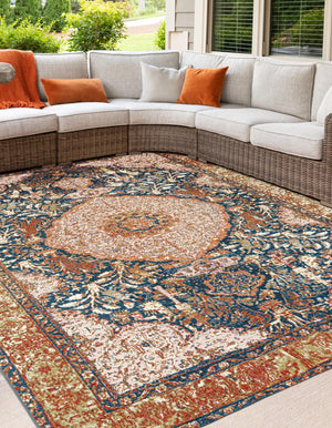 Navy Blue and Light Pink 10' x 10' Outdoor Traditional Square Area Rug Weather Resistant for Patio, Deck, Terrace, Balcony, Porch Classical Design Outside Carpet for Sale at Rug Engine