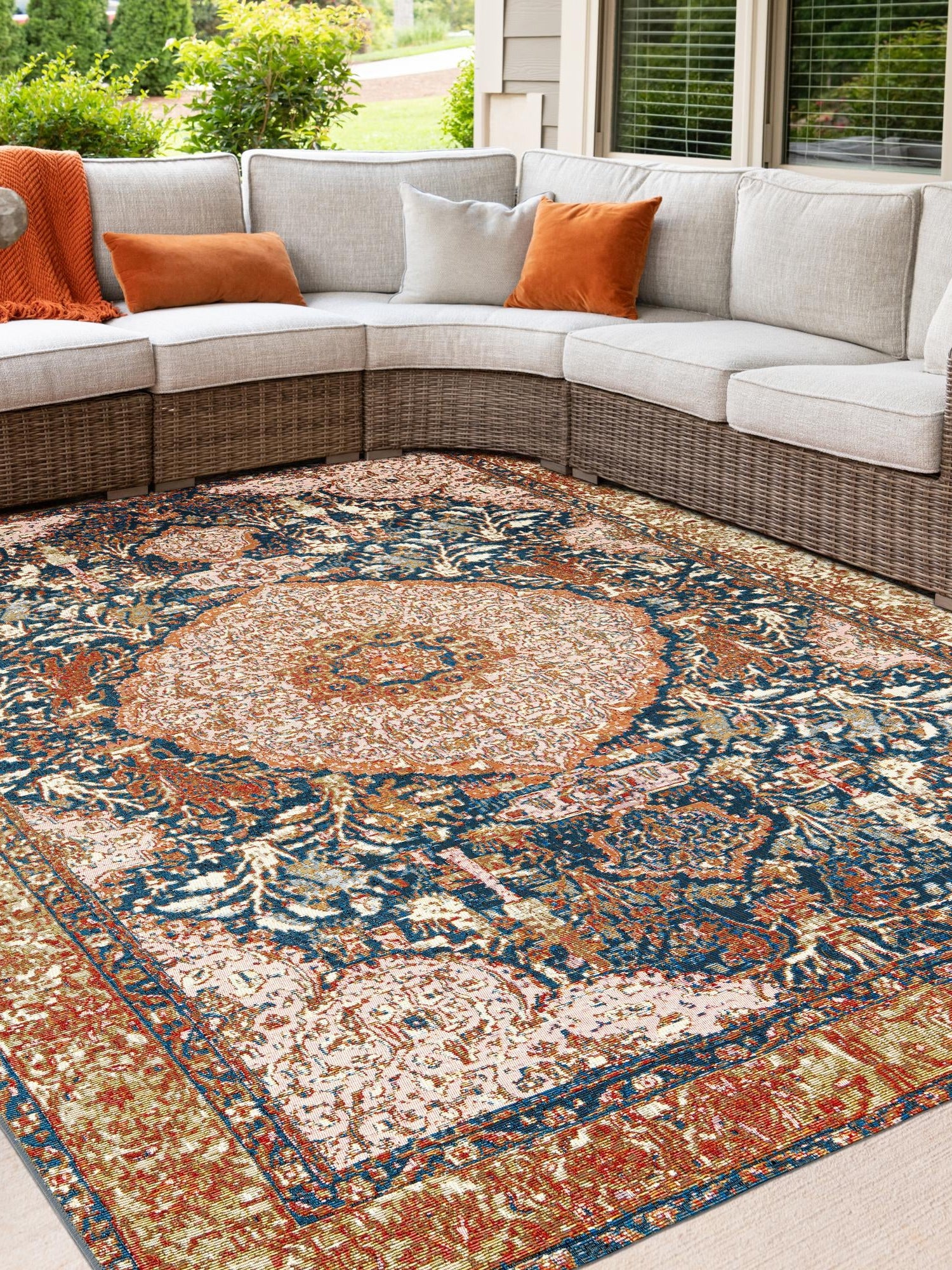 Navy Blue and Light Pink 7' 10 x 7' 10 Outdoor Traditional Square Area Rug Weather Resistant for Patio, Deck, Terrace, Balcony, Porch Classical Design Outside Carpet for Sale at Rug Engine