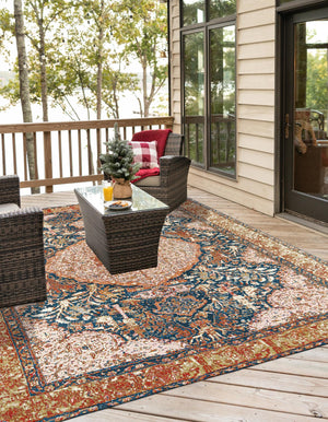 Navy Blue and Light Pink 10' x 10' Outdoor Traditional Square Area Rug Weather Resistant for Patio, Deck, Terrace, Balcony, Porch Classical Design Outside Carpet for Sale at Rug Engine