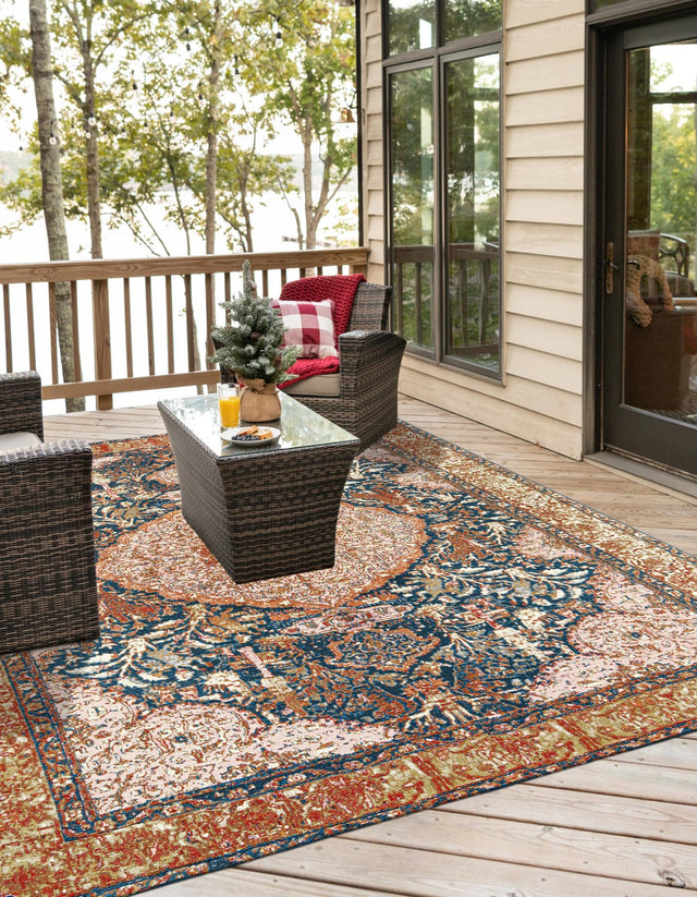 Navy Blue and Light Pink 8' x 8' Outdoor Traditional Square Rug