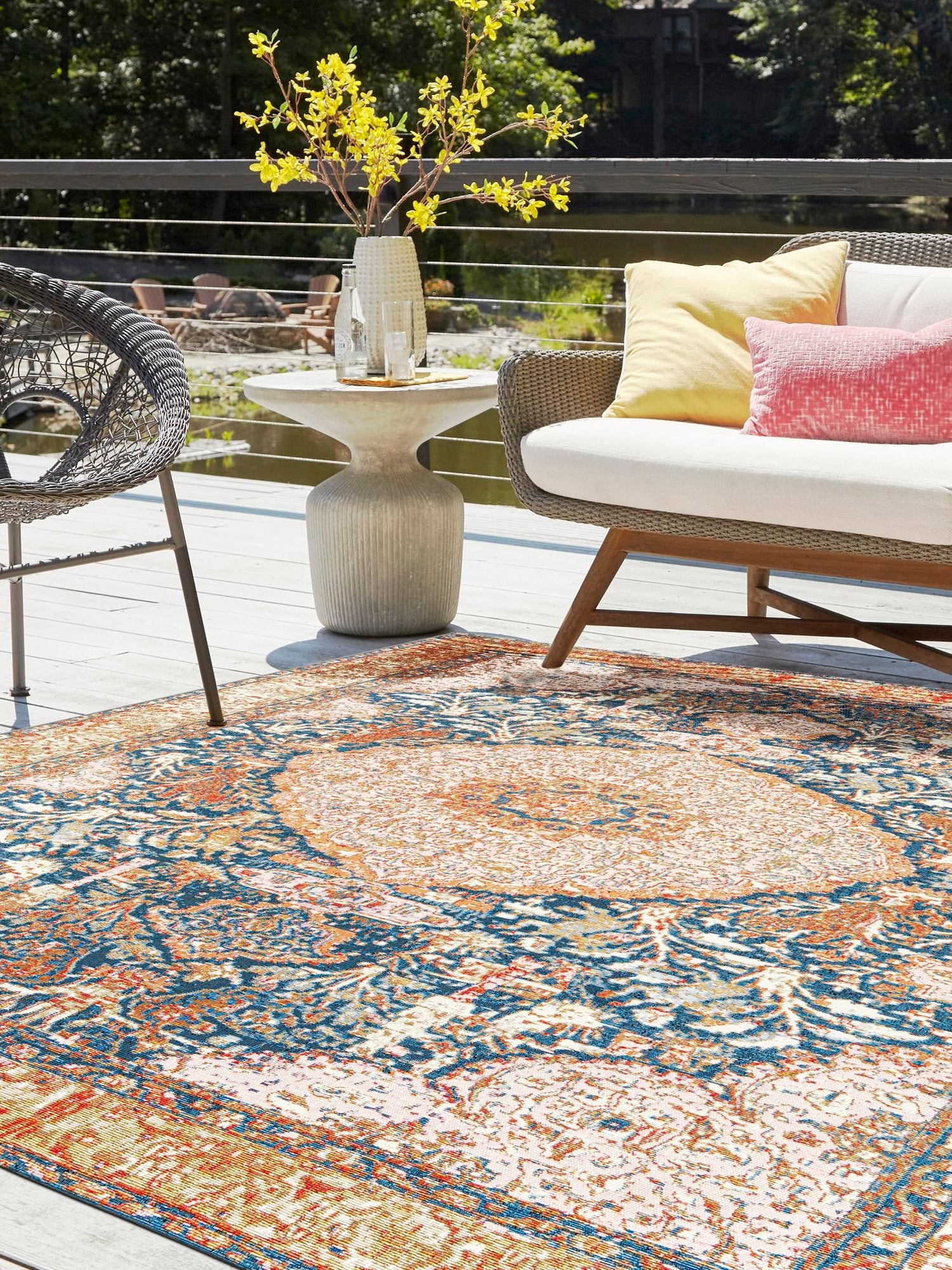Navy Blue and Light Pink 7' 10 x 7' 10 Outdoor Traditional Square Area Rug Weather Resistant for Patio, Deck, Terrace, Balcony, Porch Classical Design Outside Carpet for Sale at Rug Engine