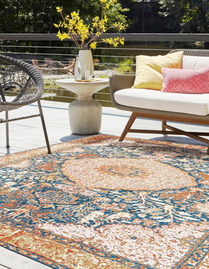 Navy Blue and Light Pink 8' x 8' Outdoor Traditional Square Rug