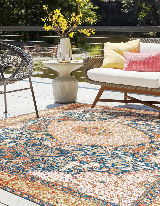 Navy Blue and Light Pink 8' x 8' Outdoor Traditional Square Rug