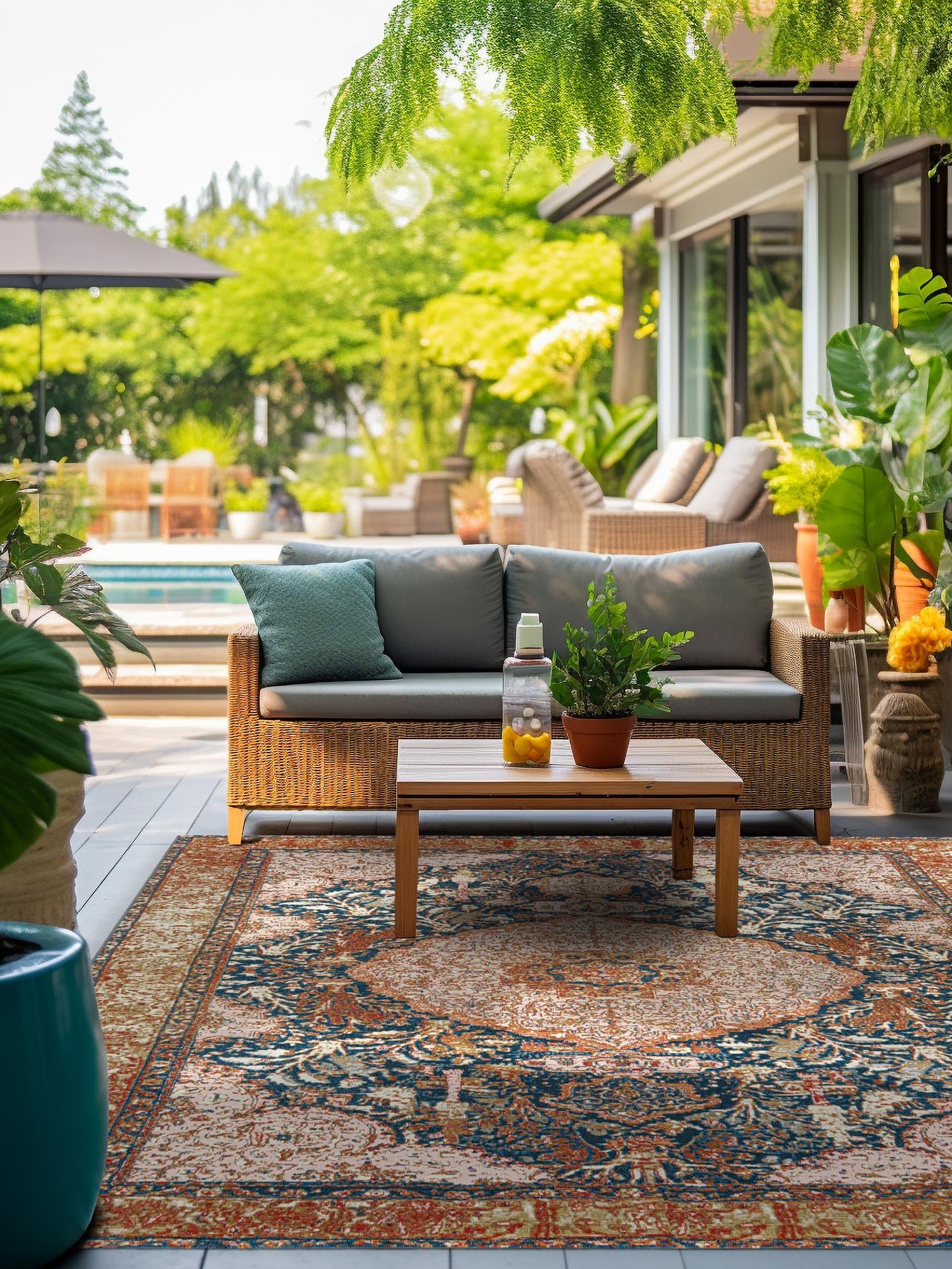 Navy Blue and Light Pink 7' 10 x 7' 10 Outdoor Traditional Square Area Rug Weather Resistant for Patio, Deck, Terrace, Balcony, Porch Classical Design Outside Carpet for Sale at Rug Engine