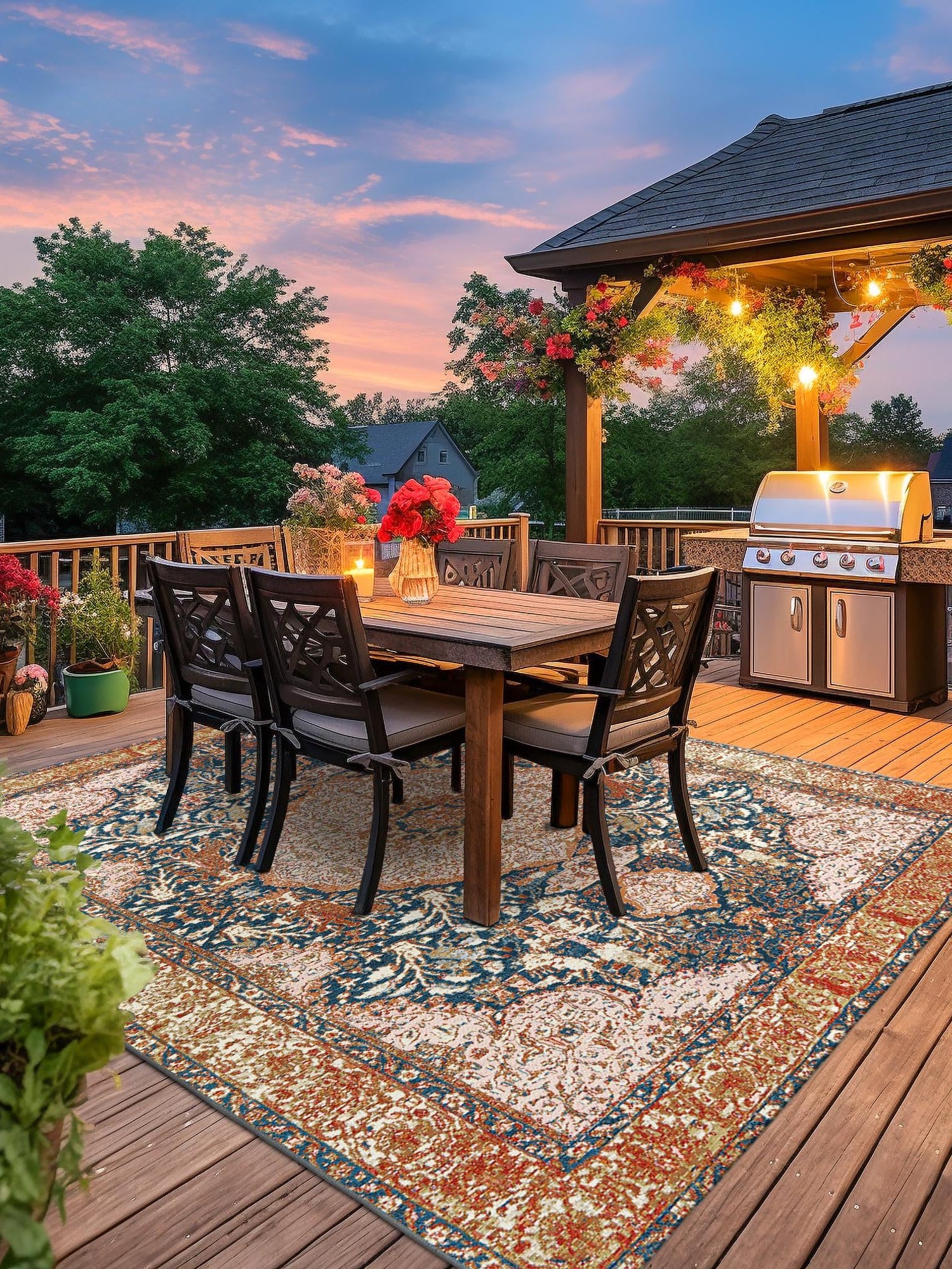 Navy Blue and Light Pink 7' 10 x 7' 10 Outdoor Traditional Square Area Rug Weather Resistant for Patio, Deck, Terrace, Balcony, Porch Classical Design Outside Carpet for Sale at Rug Engine