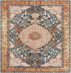 Navy Blue and Light Pink 8' x 8' Outdoor Traditional Square Rug