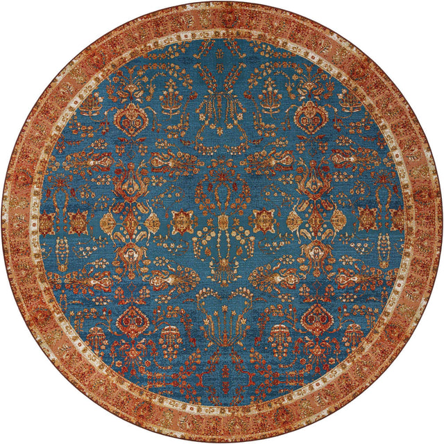 Navy Blue 10' x 10' Outdoor Traditional Round Area Rug Weather Resistant for Patio, Deck, Terrace, Balcony, Porch Classical Design Outside Carpet for Sale at Rug Engine