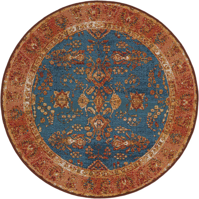 Navy Blue 3' 1 x 3' 1 Outdoor Traditional Round Area Rug Weather Resistant for Patio, Deck, Terrace, Balcony, Porch Classical Design Outside Carpet for Sale at Rug Engine