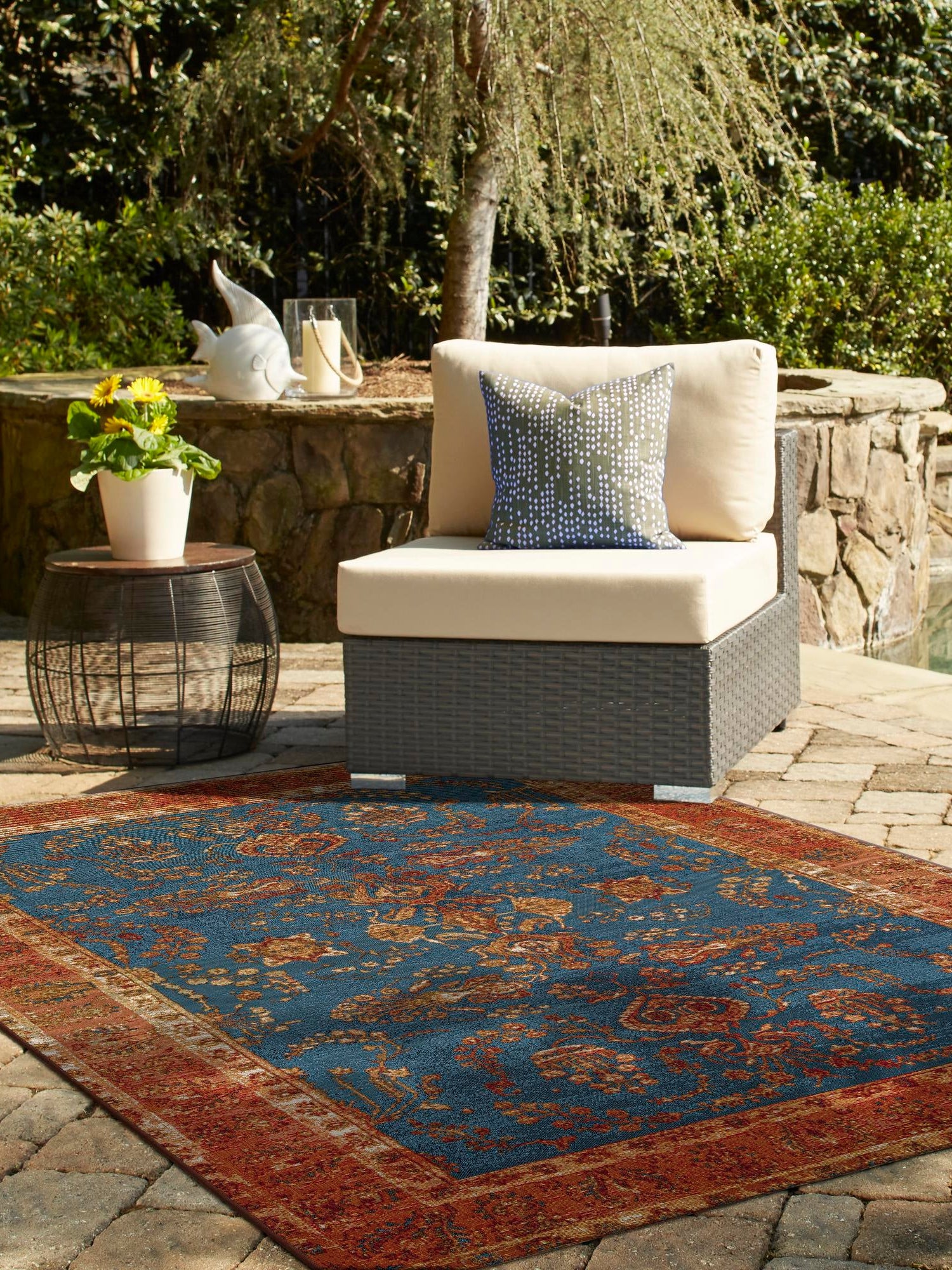Navy Blue 9' x 12' Outdoor Traditional Rectangle Area Rug Weather Resistant for Patio, Deck, Terrace, Balcony, Porch Classical Design Outside Carpet for Sale at Rug Engine