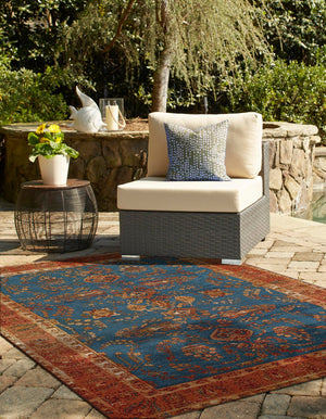 Navy Blue 9' x 12' Outdoor Traditional Rectangle Area Rug Weather Resistant for Patio, Deck, Terrace, Balcony, Porch Classical Design Outside Carpet for Sale at Rug Engine