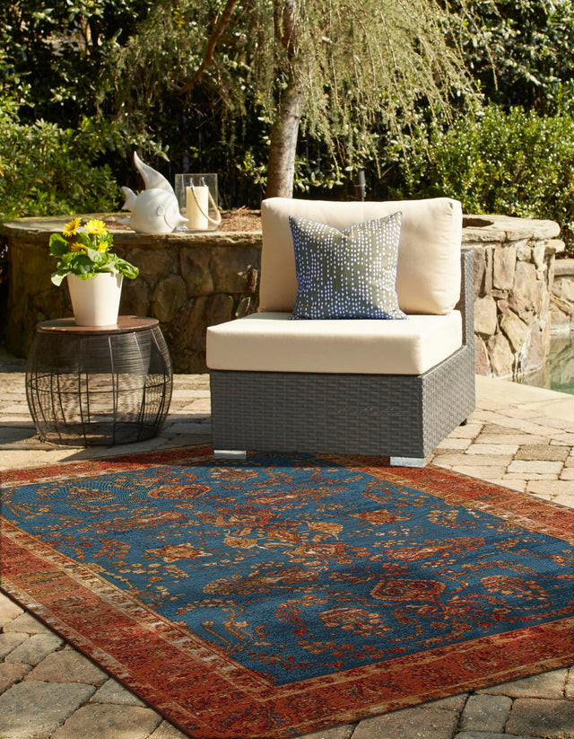 Navy Blue 9' x 12' Outdoor Traditional Rectangle Area Rug Weather Resistant for Patio, Deck, Terrace, Balcony, Porch Classical Design Outside Carpet for Sale at Rug Engine