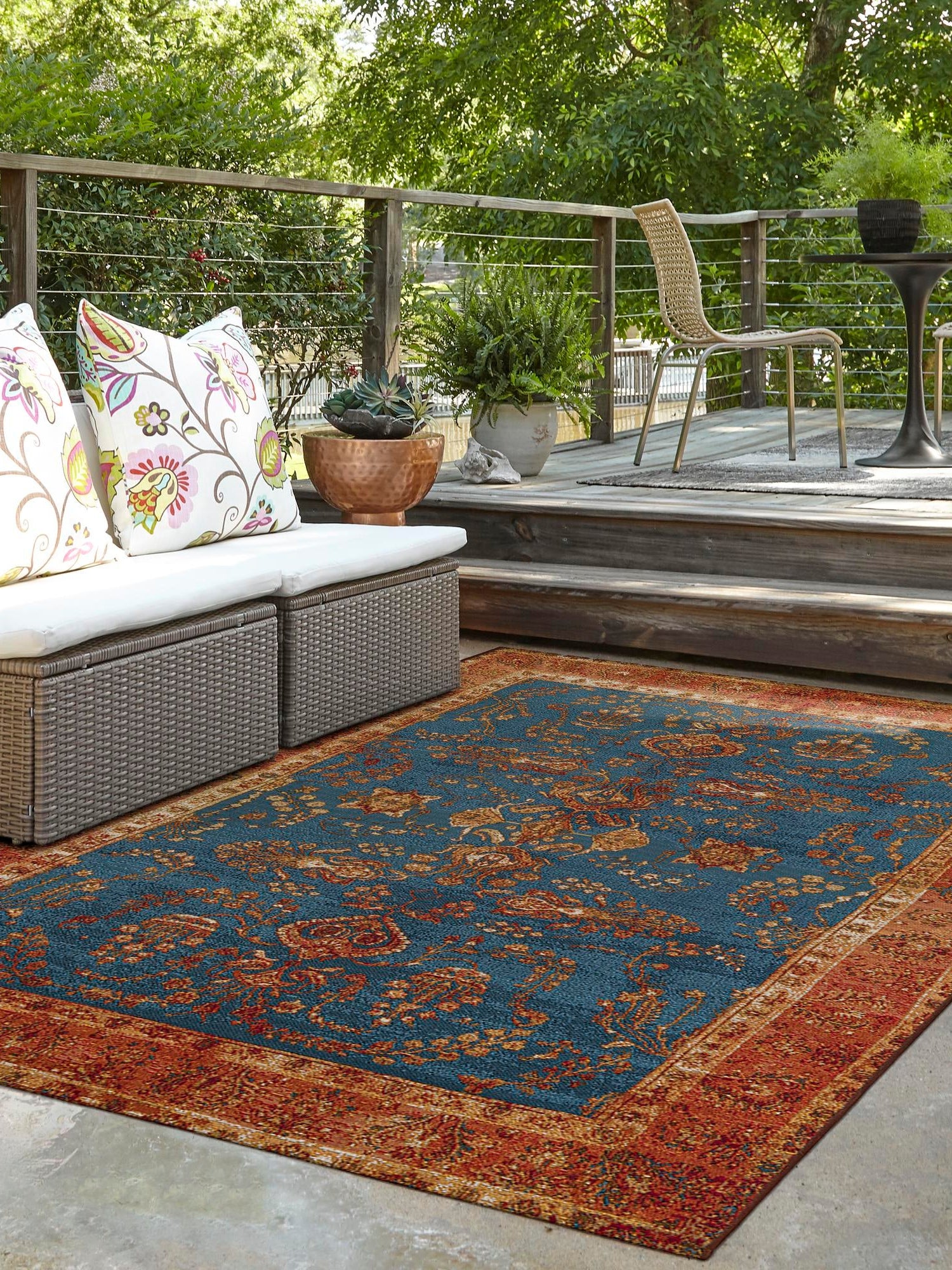 Navy Blue 9' x 12' Outdoor Traditional Rectangle Area Rug Weather Resistant for Patio, Deck, Terrace, Balcony, Porch Classical Design Outside Carpet for Sale at Rug Engine