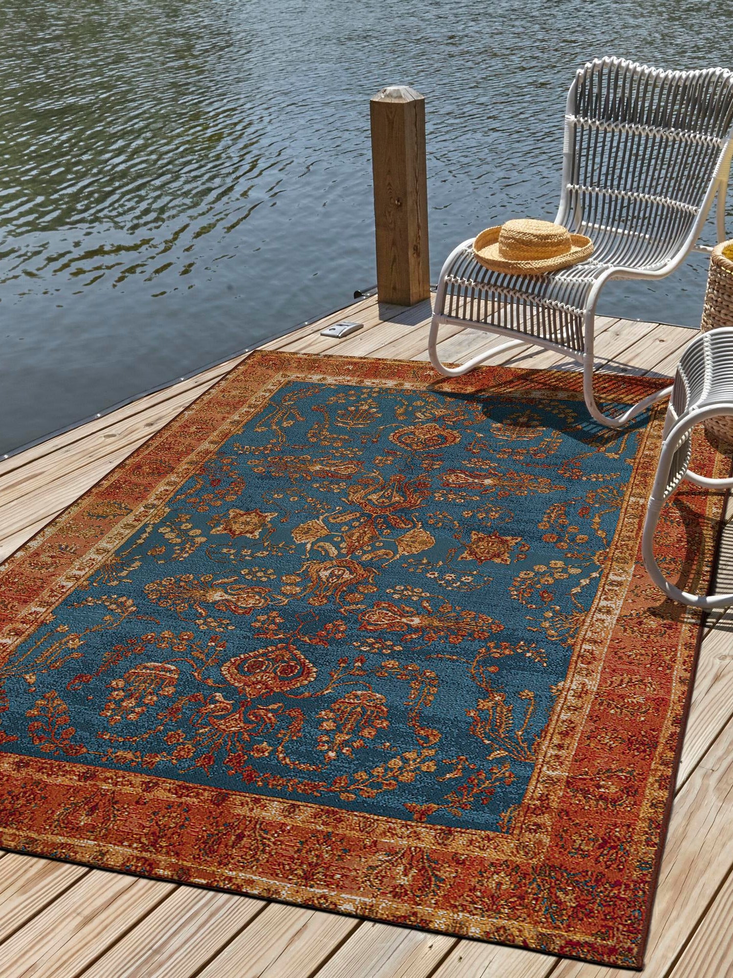 Navy Blue 9' x 12' Outdoor Traditional Rectangle Area Rug Weather Resistant for Patio, Deck, Terrace, Balcony, Porch Classical Design Outside Carpet for Sale at Rug Engine