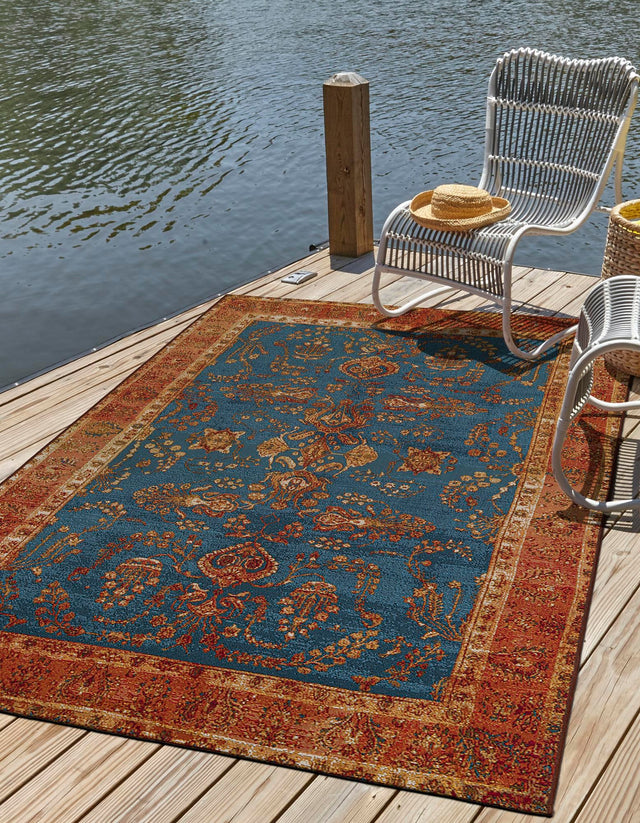 Navy Blue 9' x 12' Outdoor Traditional Rectangle Area Rug Weather Resistant for Patio, Deck, Terrace, Balcony, Porch Classical Design Outside Carpet for Sale at Rug Engine