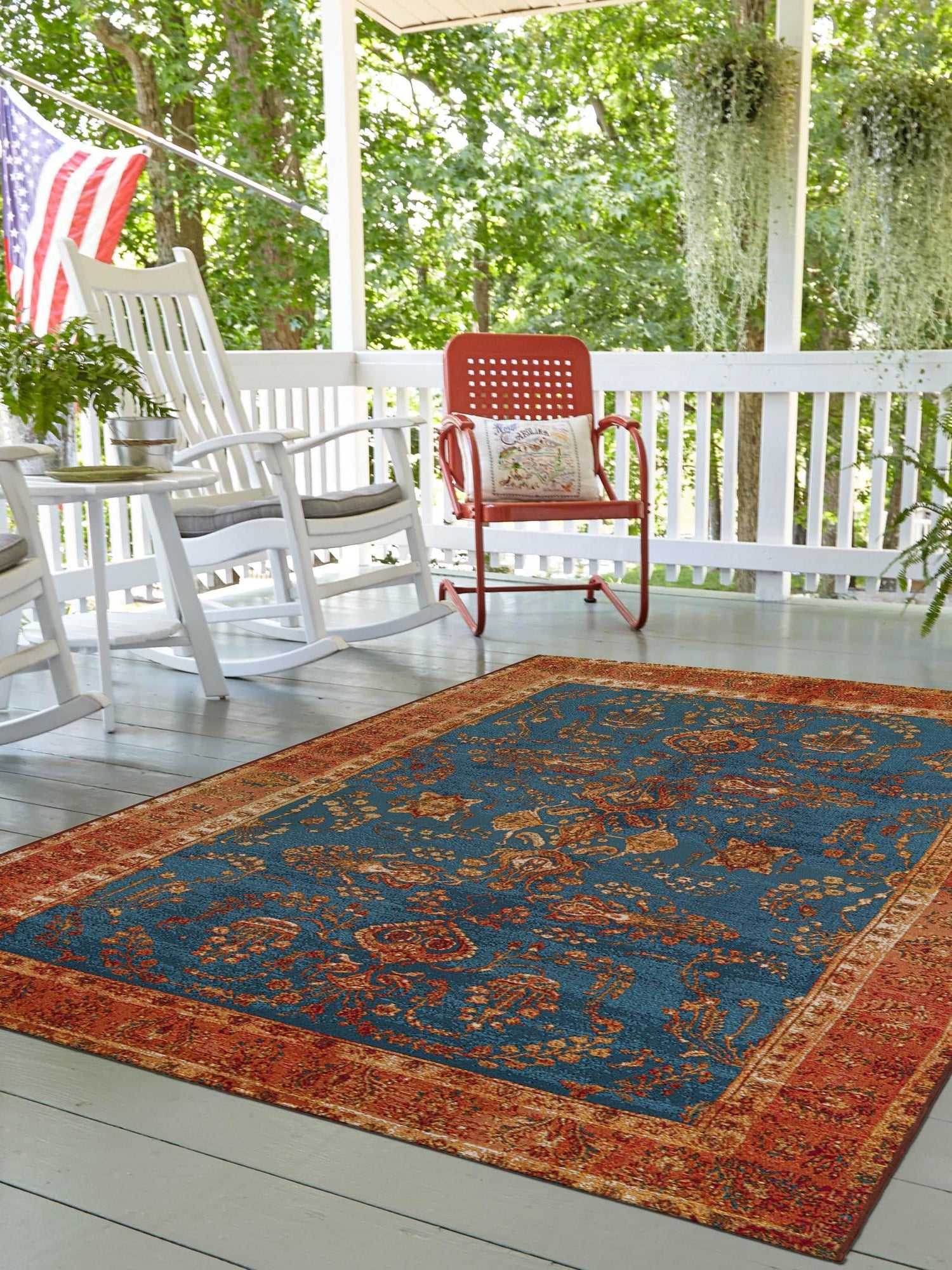 Navy Blue 9' x 12' Outdoor Traditional Rectangle Area Rug Weather Resistant for Patio, Deck, Terrace, Balcony, Porch Classical Design Outside Carpet for Sale at Rug Engine