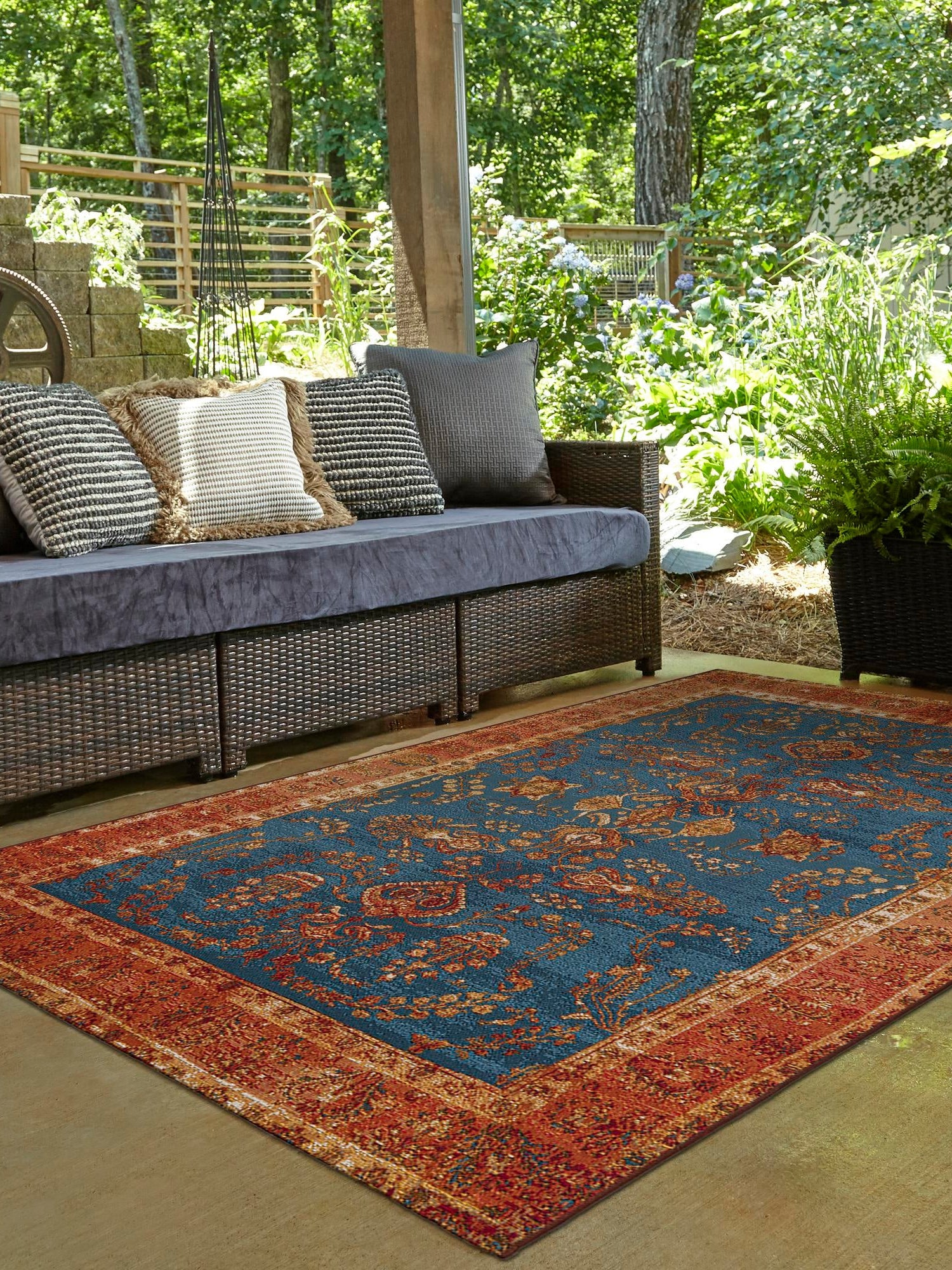 Navy Blue 9' x 12' Outdoor Traditional Rectangle Area Rug Weather Resistant for Patio, Deck, Terrace, Balcony, Porch Classical Design Outside Carpet for Sale at Rug Engine