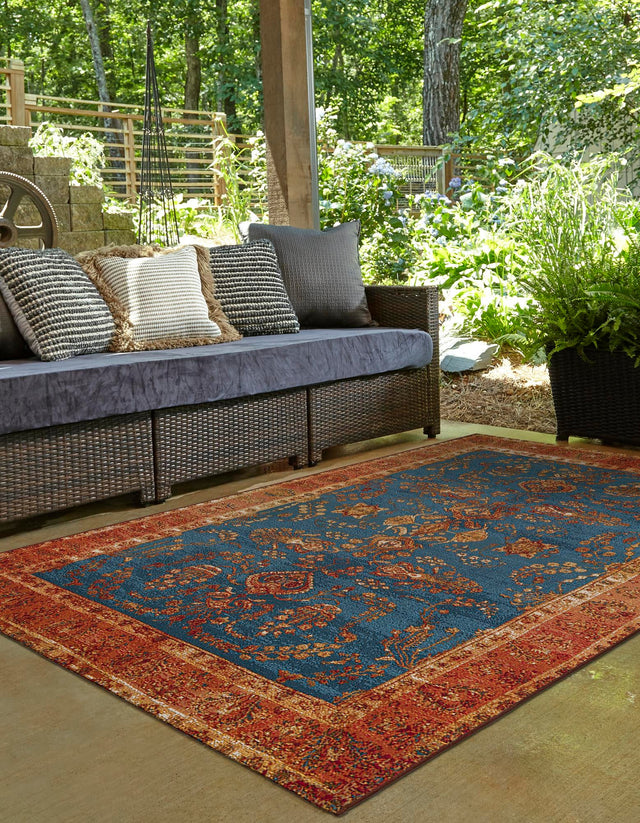 Navy Blue 9' x 12' Outdoor Traditional Rectangle Area Rug Weather Resistant for Patio, Deck, Terrace, Balcony, Porch Classical Design Outside Carpet for Sale at Rug Engine