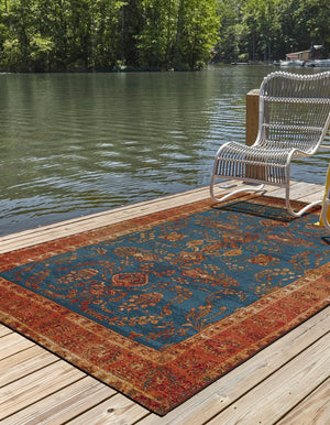 Navy Blue 6' 1 x 9' Outdoor Traditional Rectangle Area Rug Weather Resistant for Patio, Deck, Terrace, Balcony, Porch Classical Design Outside Carpet for Sale at Rug Engine