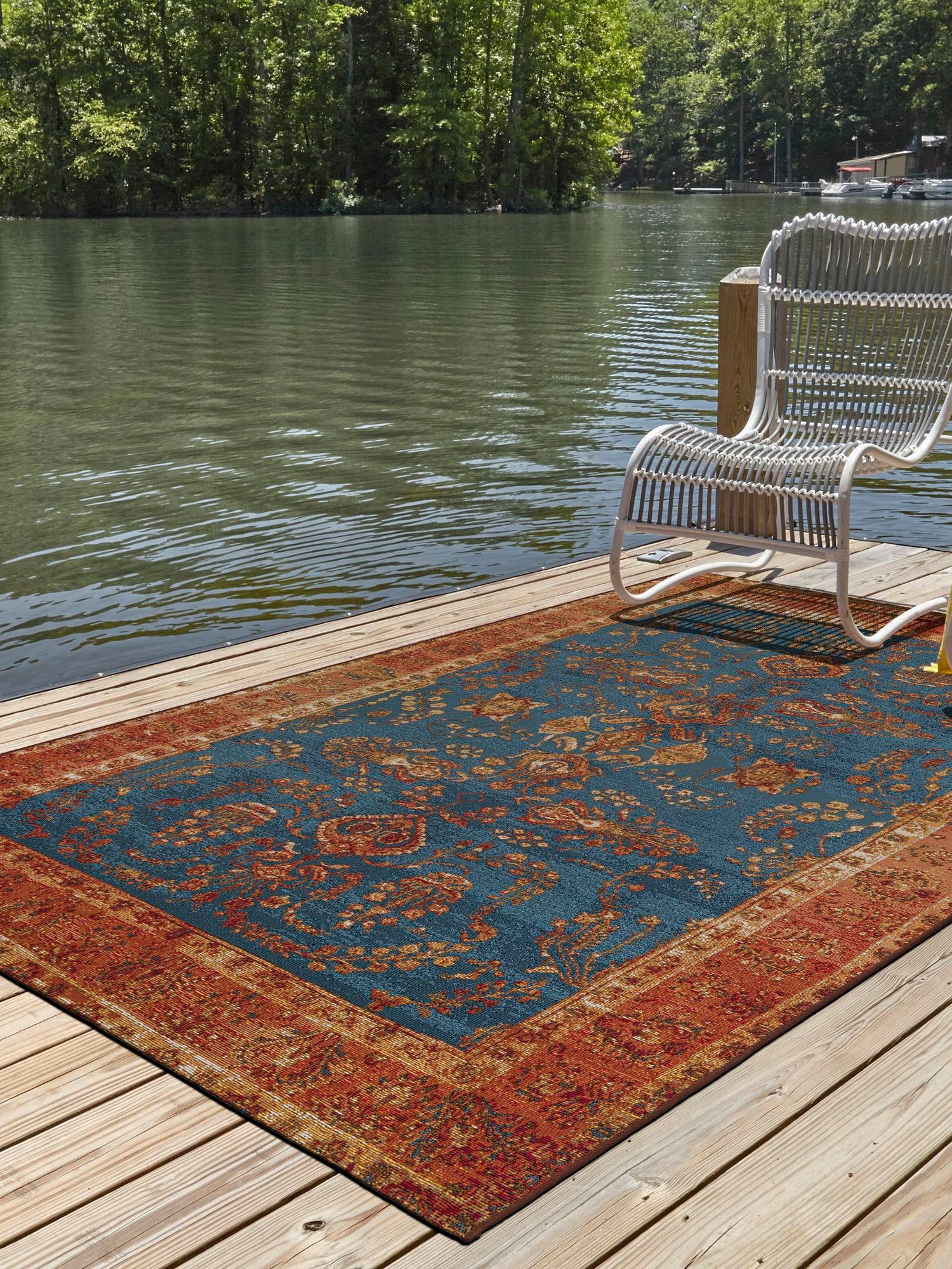 Navy Blue 10' x 13' 1 Outdoor Traditional Rectangle Area Rug Weather Resistant for Patio, Deck, Terrace, Balcony, Porch Classical Design Outside Carpet for Sale at Rug Engine