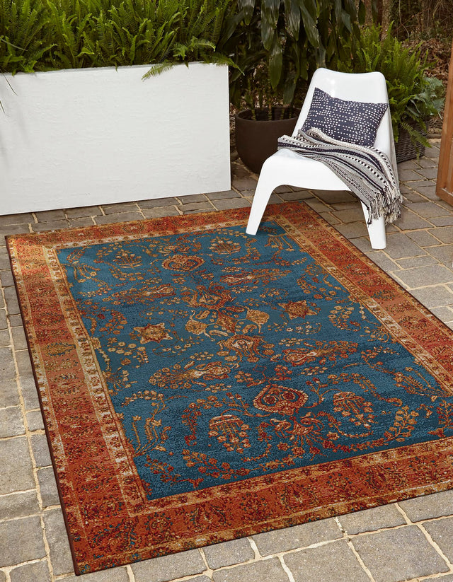 Navy Blue 6' 1 x 9' Outdoor Traditional Rectangle Area Rug Weather Resistant for Patio, Deck, Terrace, Balcony, Porch Classical Design Outside Carpet for Sale at Rug Engine