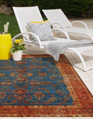 Navy Blue 6' 1 x 9' Outdoor Traditional Rectangle Area Rug Weather Resistant for Patio, Deck, Terrace, Balcony, Porch Classical Design Outside Carpet for Sale at Rug Engine