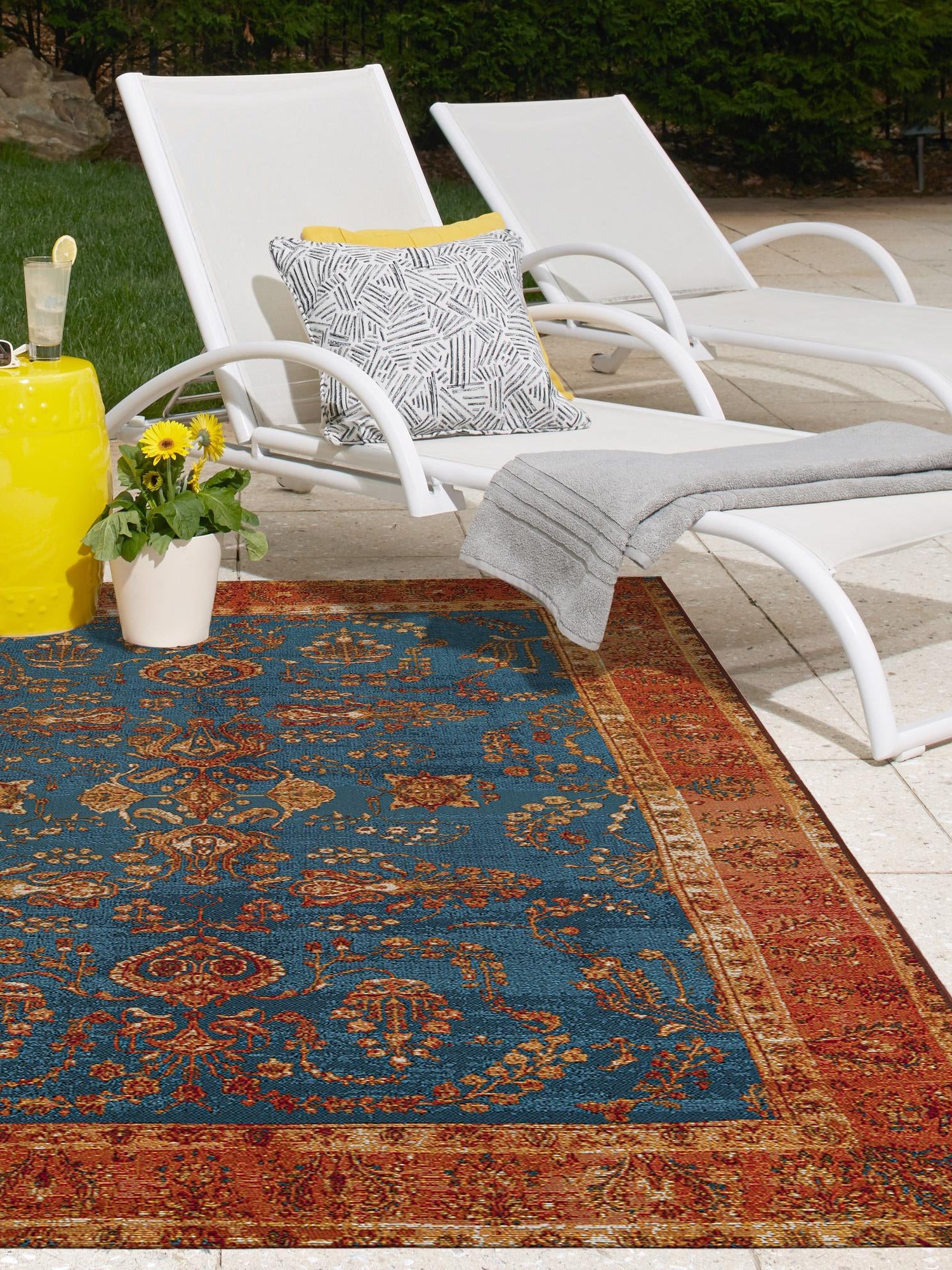 Navy Blue 10' x 13' 1 Outdoor Traditional Rectangle Area Rug Weather Resistant for Patio, Deck, Terrace, Balcony, Porch Classical Design Outside Carpet for Sale at Rug Engine