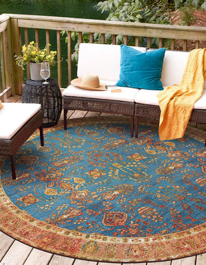 Navy Blue 4' 1 x 4' 1 Outdoor Traditional Round Area Rug Weather Resistant for Patio, Deck, Terrace, Balcony, Porch Classical Design Outside Carpet for Sale at Rug Engine