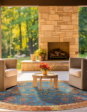 Navy Blue 6' 1 x 6' 1 Outdoor Traditional Round Area Rug Weather Resistant for Patio, Deck, Terrace, Balcony, Porch Classical Design Outside Carpet for Sale at Rug Engine