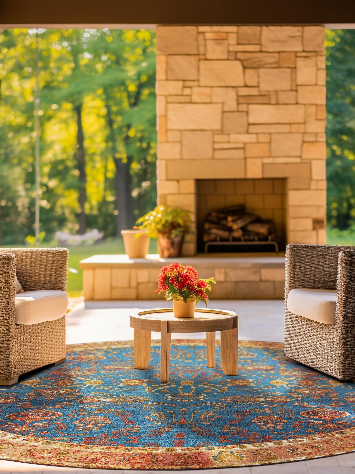 Navy Blue 10' x 10' Outdoor Traditional Round Area Rug Weather Resistant for Patio, Deck, Terrace, Balcony, Porch Classical Design Outside Carpet for Sale at Rug Engine
