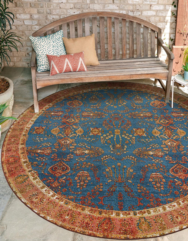 Navy Blue 6' 1 x 6' 1 Outdoor Traditional Round Area Rug Weather Resistant for Patio, Deck, Terrace, Balcony, Porch Classical Design Outside Carpet for Sale at Rug Engine