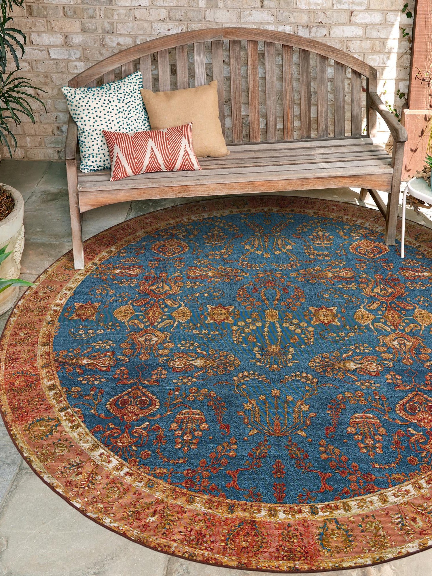 Navy Blue 10' x 10' Outdoor Traditional Round Area Rug Weather Resistant for Patio, Deck, Terrace, Balcony, Porch Classical Design Outside Carpet for Sale at Rug Engine