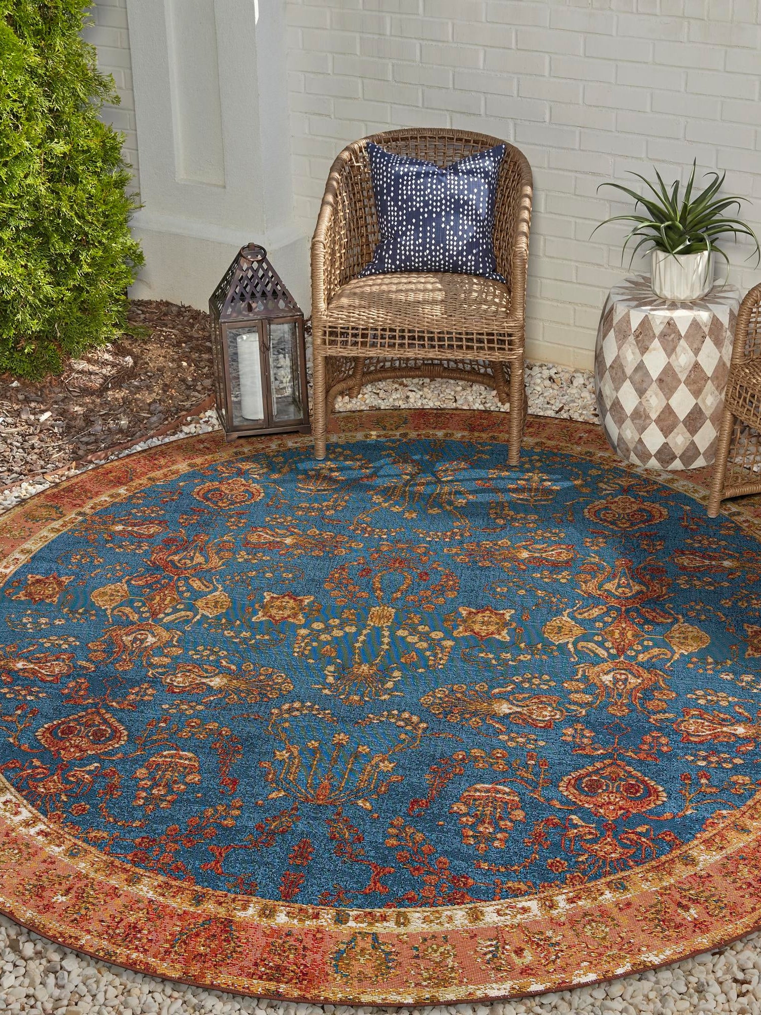 Navy Blue 7' 10 x 7' 10 Outdoor Traditional Round Area Rug Weather Resistant for Patio, Deck, Terrace, Balcony, Porch Classical Design Outside Carpet for Sale at Rug Engine