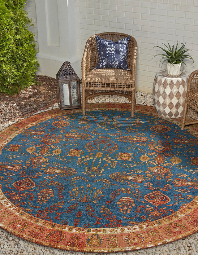 Navy Blue 7' 10 x 7' 10 Outdoor Traditional Round Area Rug Weather Resistant for Patio, Deck, Terrace, Balcony, Porch Classical Design Outside Carpet for Sale at Rug Engine
