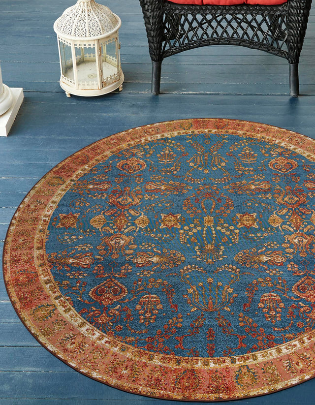 Navy Blue 10' x 10' Outdoor Traditional Round Area Rug Weather Resistant for Patio, Deck, Terrace, Balcony, Porch Classical Design Outside Carpet for Sale at Rug Engine