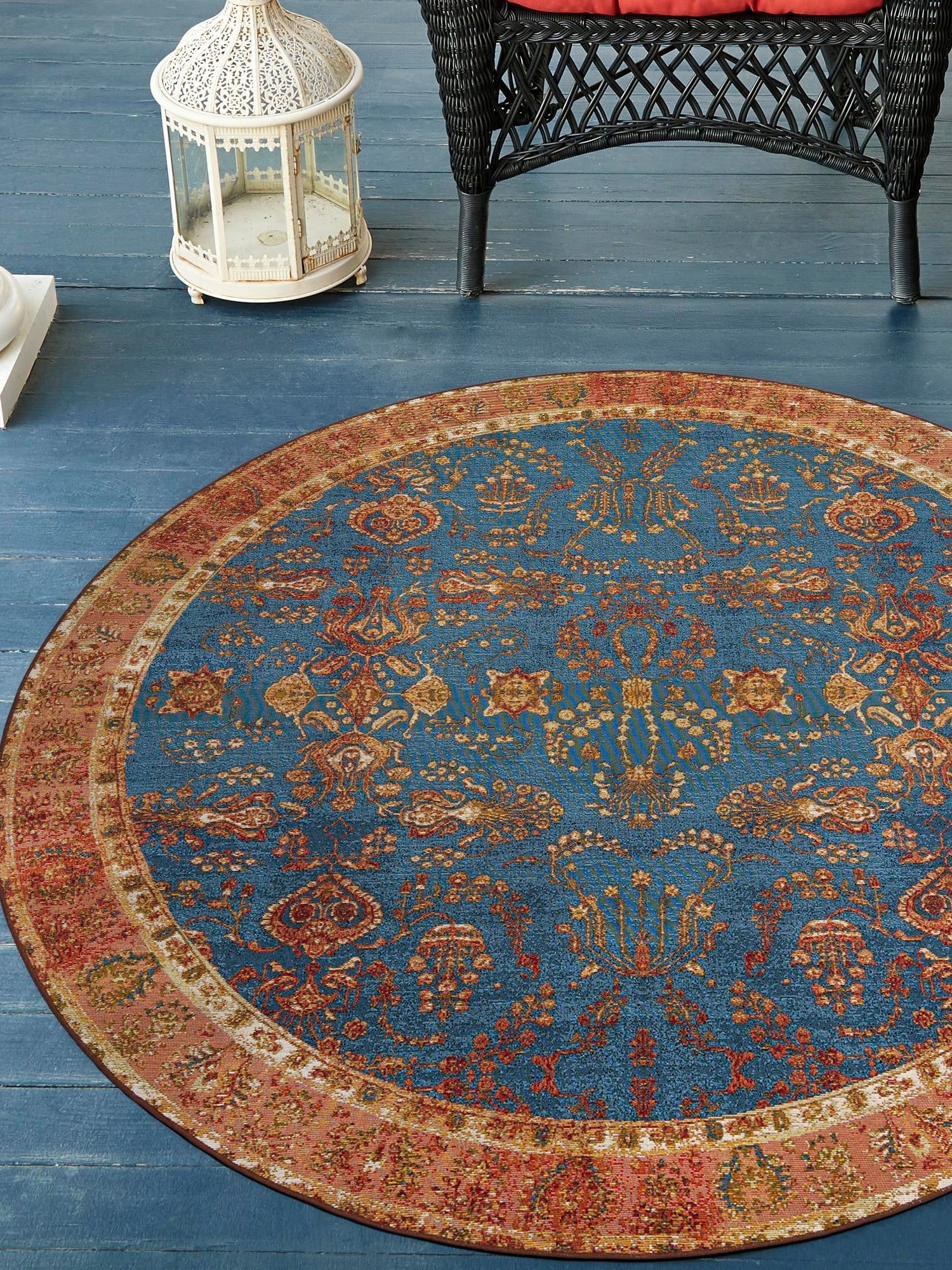 Navy Blue 7' 10 x 7' 10 Outdoor Traditional Round Area Rug Weather Resistant for Patio, Deck, Terrace, Balcony, Porch Classical Design Outside Carpet for Sale at Rug Engine