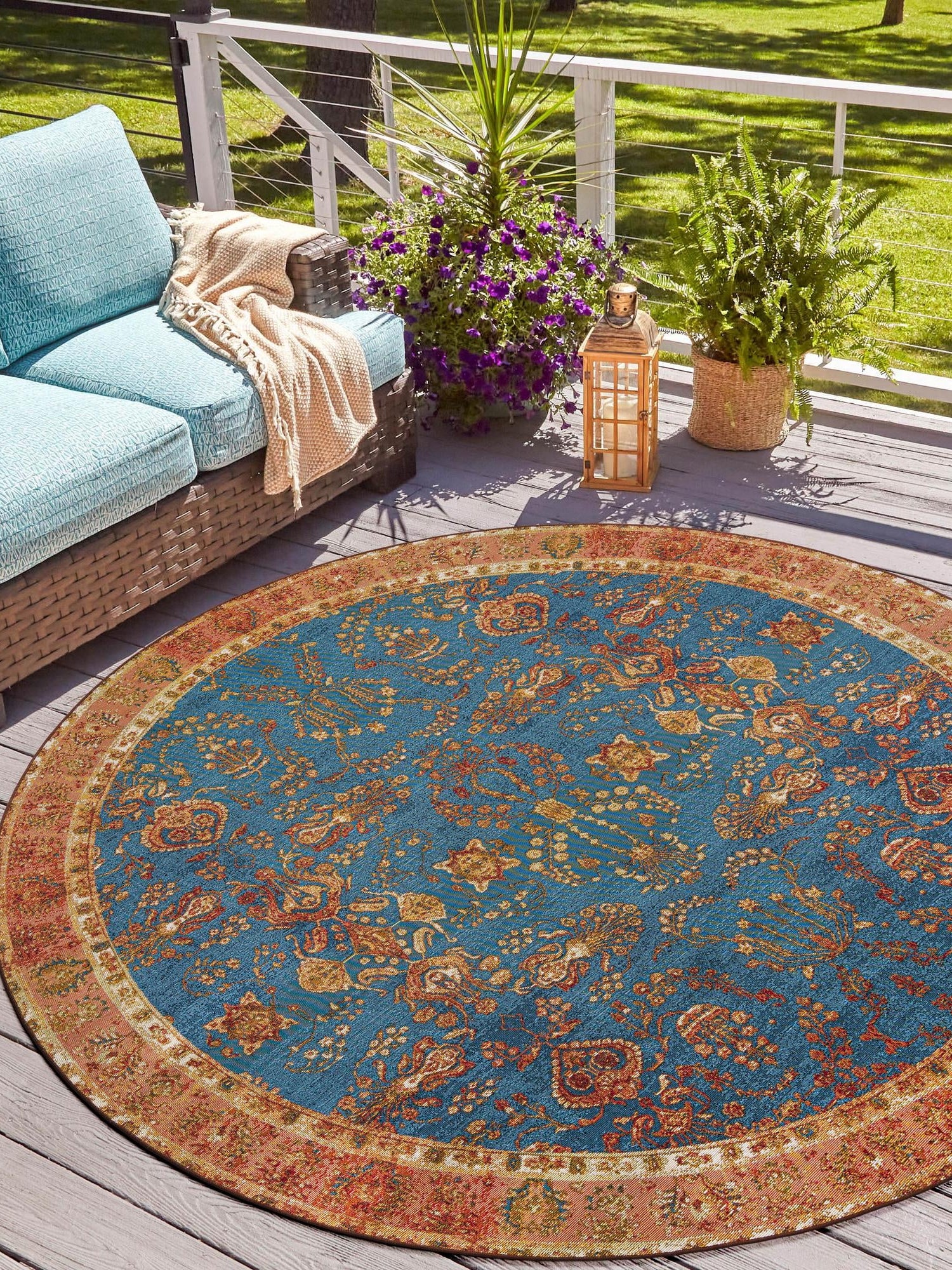 Navy Blue 7' 10 x 7' 10 Outdoor Traditional Round Area Rug Weather Resistant for Patio, Deck, Terrace, Balcony, Porch Classical Design Outside Carpet for Sale at Rug Engine
