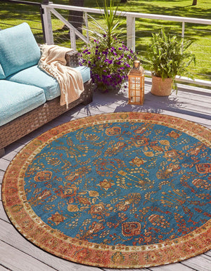 Navy Blue 10' x 10' Outdoor Traditional Round Area Rug Weather Resistant for Patio, Deck, Terrace, Balcony, Porch Classical Design Outside Carpet for Sale at Rug Engine