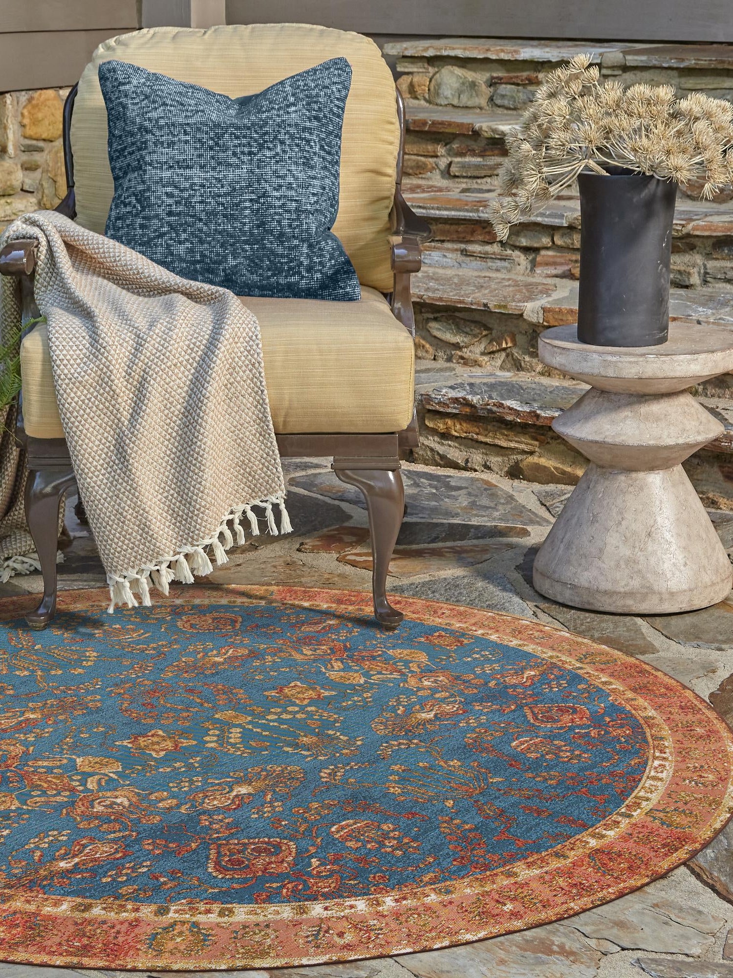 Navy Blue 10' x 10' Outdoor Traditional Round Area Rug Weather Resistant for Patio, Deck, Terrace, Balcony, Porch Classical Design Outside Carpet for Sale at Rug Engine
