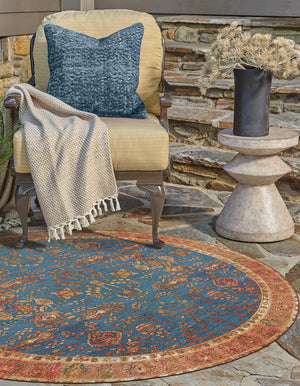 Navy Blue 4' 1 x 4' 1 Outdoor Traditional Round Area Rug Weather Resistant for Patio, Deck, Terrace, Balcony, Porch Classical Design Outside Carpet for Sale at Rug Engine