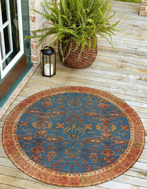Navy Blue 6' 1 x 6' 1 Outdoor Traditional Round Area Rug Weather Resistant for Patio, Deck, Terrace, Balcony, Porch Classical Design Outside Carpet for Sale at Rug Engine