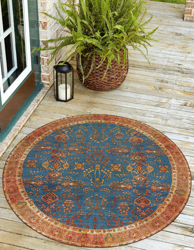 Navy Blue 10' x 10' Outdoor Traditional Round Area Rug Weather Resistant for Patio, Deck, Terrace, Balcony, Porch Classical Design Outside Carpet for Sale at Rug Engine