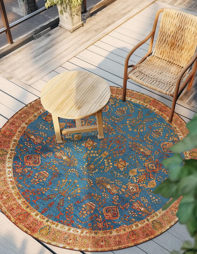 Navy Blue 6' 1 x 6' 1 Outdoor Traditional Round Area Rug Weather Resistant for Patio, Deck, Terrace, Balcony, Porch Classical Design Outside Carpet for Sale at Rug Engine