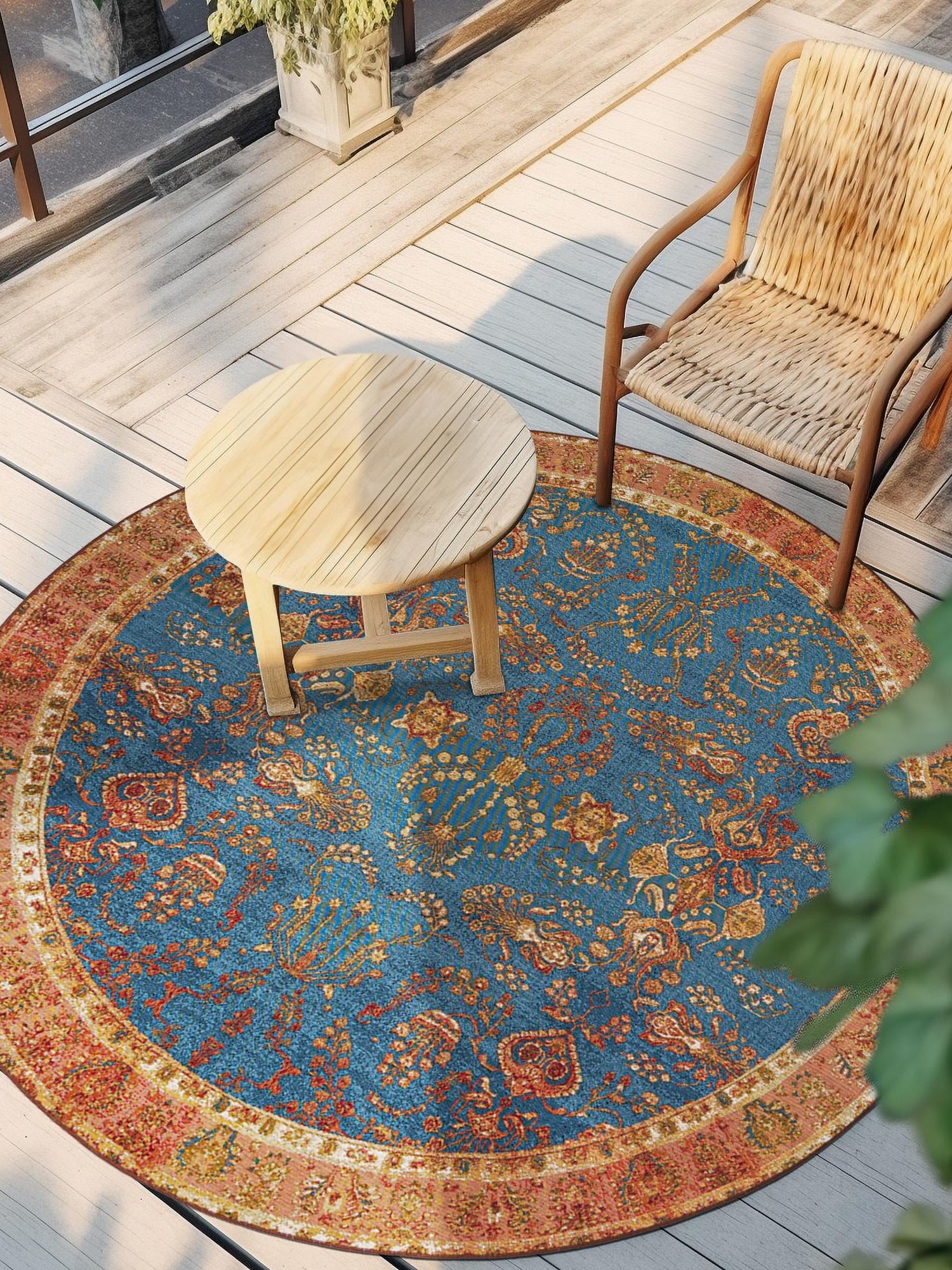 Navy Blue 10' x 10' Outdoor Traditional Round Area Rug Weather Resistant for Patio, Deck, Terrace, Balcony, Porch Classical Design Outside Carpet for Sale at Rug Engine