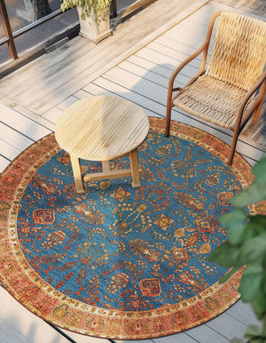 Navy Blue 10' x 10' Outdoor Traditional Round Area Rug Weather Resistant for Patio, Deck, Terrace, Balcony, Porch Classical Design Outside Carpet for Sale at Rug Engine
