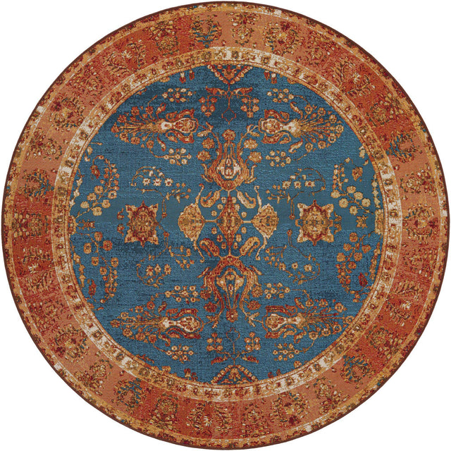 Navy Blue 6' 1 x 6' 1 Outdoor Traditional Round Area Rug Weather Resistant for Patio, Deck, Terrace, Balcony, Porch Classical Design Outside Carpet for Sale at Rug Engine