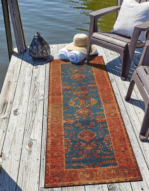 Navy Blue 2' x 6' 1 Outdoor Traditional Runner Area Rug Weather Resistant for Patio, Deck, Terrace, Balcony, Porch Classical Design Outside Carpet for Sale at Rug Engine