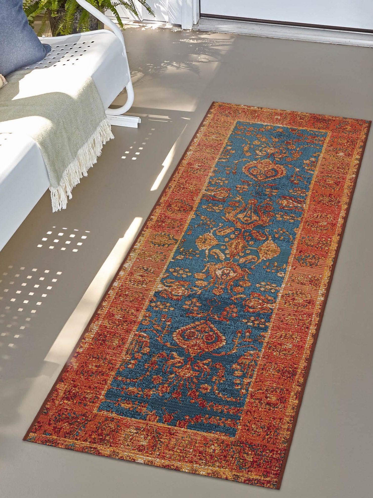 Navy Blue 2' 7 x 10' Outdoor Traditional Runner Area Rug Weather Resistant for Patio, Deck, Terrace, Balcony, Porch Classical Design Outside Carpet for Sale at Rug Engine