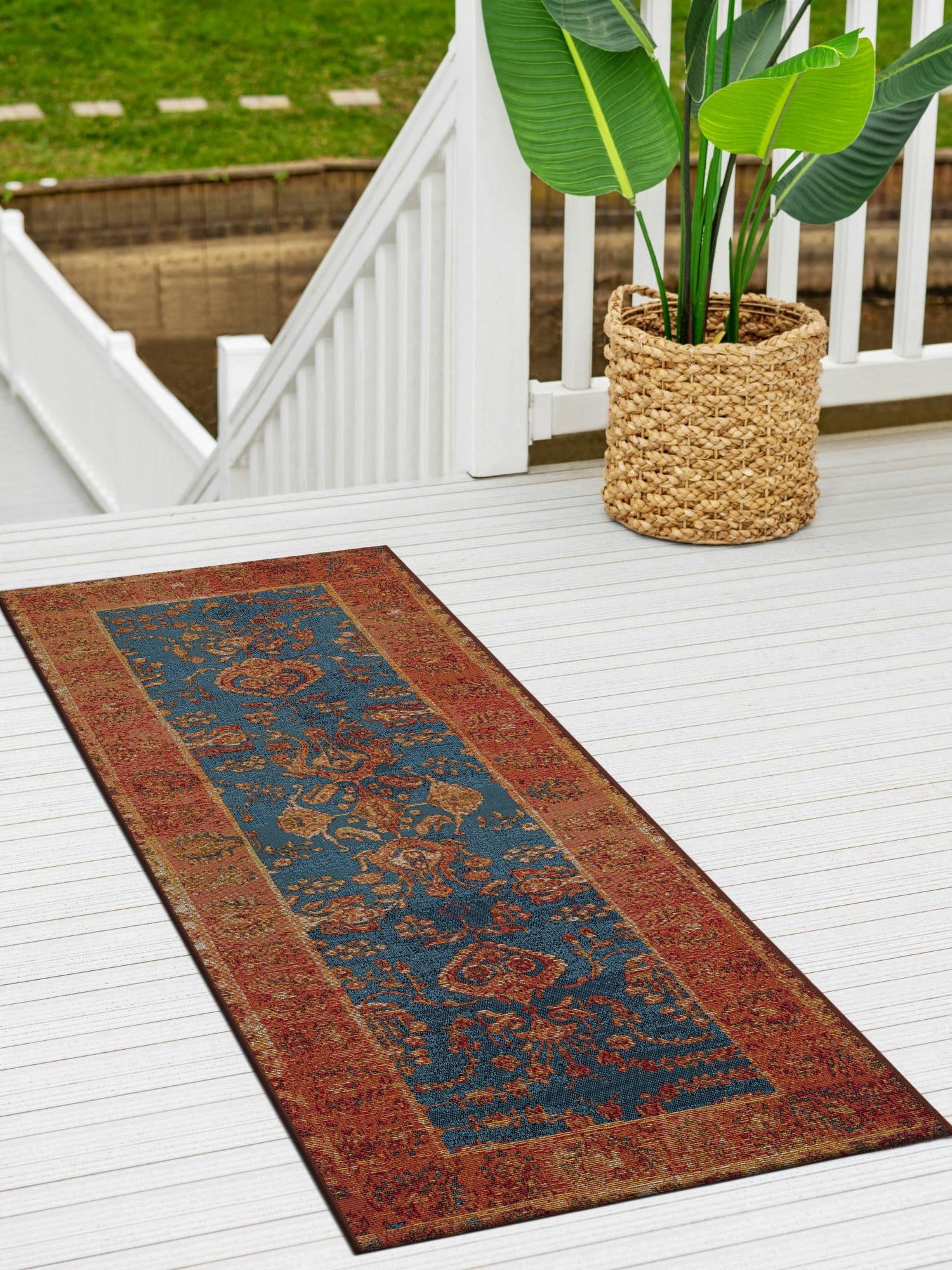 Navy Blue 2' 7 x 10' Outdoor Traditional Runner Area Rug Weather Resistant for Patio, Deck, Terrace, Balcony, Porch Classical Design Outside Carpet for Sale at Rug Engine