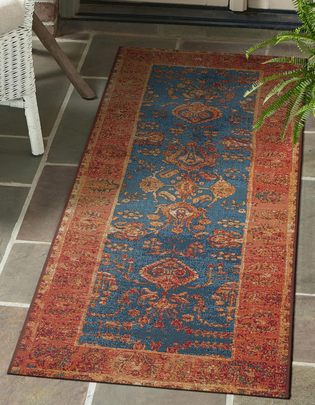 Navy Blue 2' x 6' 1 Outdoor Traditional Runner Area Rug Weather Resistant for Patio, Deck, Terrace, Balcony, Porch Classical Design Outside Carpet for Sale at Rug Engine
