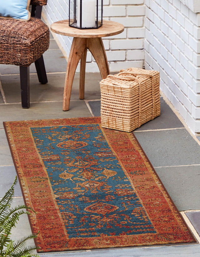 Navy Blue 2' x 6' 1 Outdoor Traditional Runner Area Rug Weather Resistant for Patio, Deck, Terrace, Balcony, Porch Classical Design Outside Carpet for Sale at Rug Engine